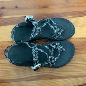 black and white chacos